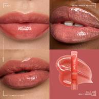 4-teiliges Collage-Bild mit 3 glanzenden Lippen in verschiedenen Hauttonen und dem Jelly Job Lipgloss von NYX Professional Makeup