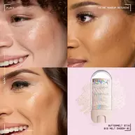 Ein vierteiliges Collage-Bild, das die Naturlichkeit und den Glanz der NYX Professional Makeup Buttermelt Stix hervorhebt.