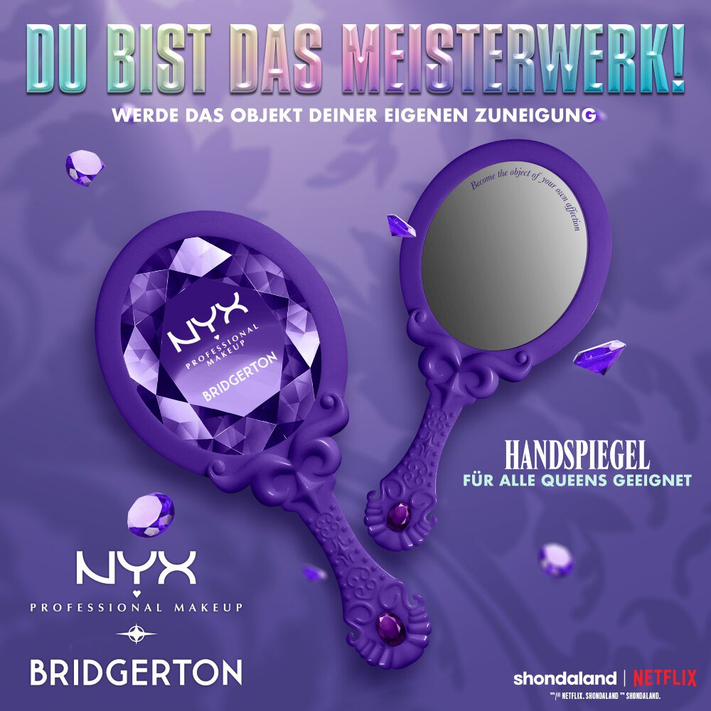 Zwei lilafarbene Handspiegel der NYX Professional Makeup Bridgerton Kollektion.