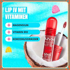 Kokosnuss, Vitamin-Icons und Wasserspritzer mit Text zum Produkt NYX Professional Makeup Gum Drop Lip I.V.: „Mit Vitaminen – Magnesium, Vitamin B12, Kokosnusswasser.“ in der Farbe 01 Hydra Honey