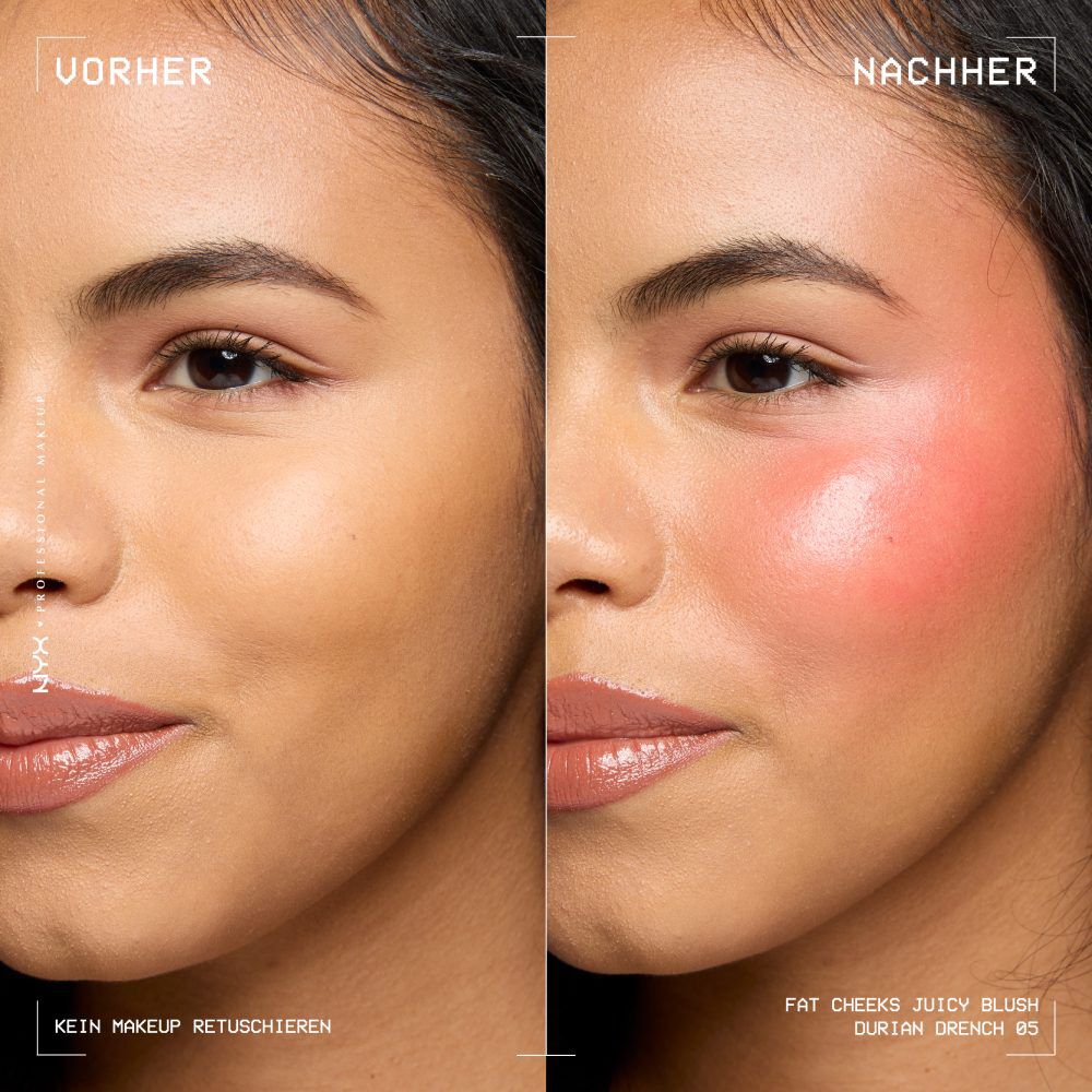 Anwendung des Fat Cheeks Juicy Blush von NYX Professional Makeup: Vorher-Nachher-Vergleich von ungeschminkten und geschminkten Wangen 