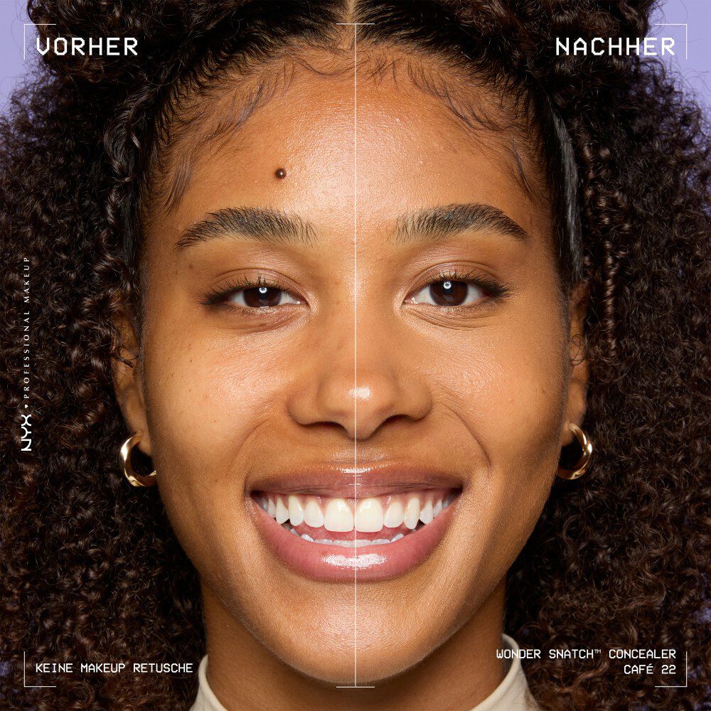 Ein unretuschierter Vorher-Nachher-Vergleich im Split-Screen demonstriert die hohe Deckkraft des NYX Wonder Snatch™ Concealers.