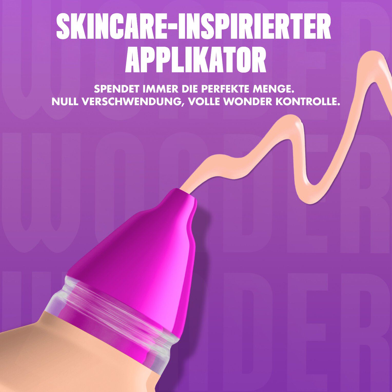 Nahaufnahme des Make 'Em Wonder Foundation-Applikators beworben mit einer prazisen Produkt-Dosis
