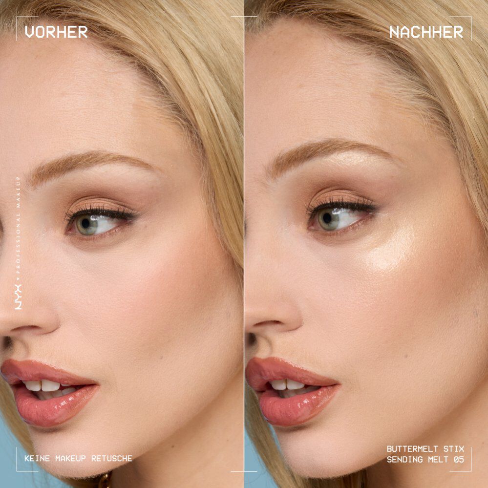 Dieses Bild ist eine Vorher-Nachher-Darstellung, die die Wirkung des NYX Professional Makeup Buttermelt Stix zeigt. Die Darstellung ist vertikal geteilt und zeigt das Gesicht einer Person.