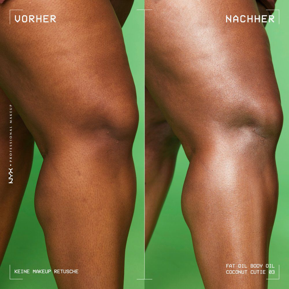 Ein direkter Vergleich an den Beinen verdeutlicht den intensiven Glanz und die Pflegewirkung des Produkts.