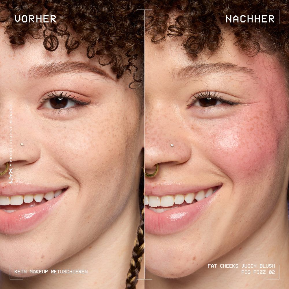 Anwendung des Fat Cheeks Juicy Blush von NYX Professional Makeup: Vorher-Nachher-Vergleich von ungeschminkten und geschminkten Wangen 