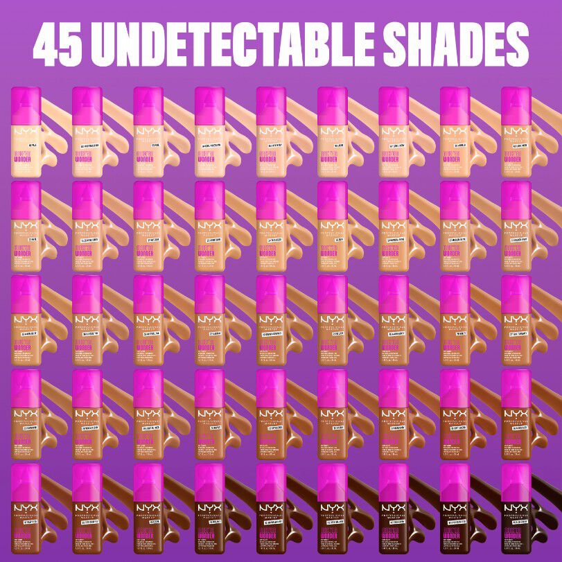 Produktubersicht aller 45 Farbtone der Make 'Em Wonder Foundation von NYX Professional Makeup