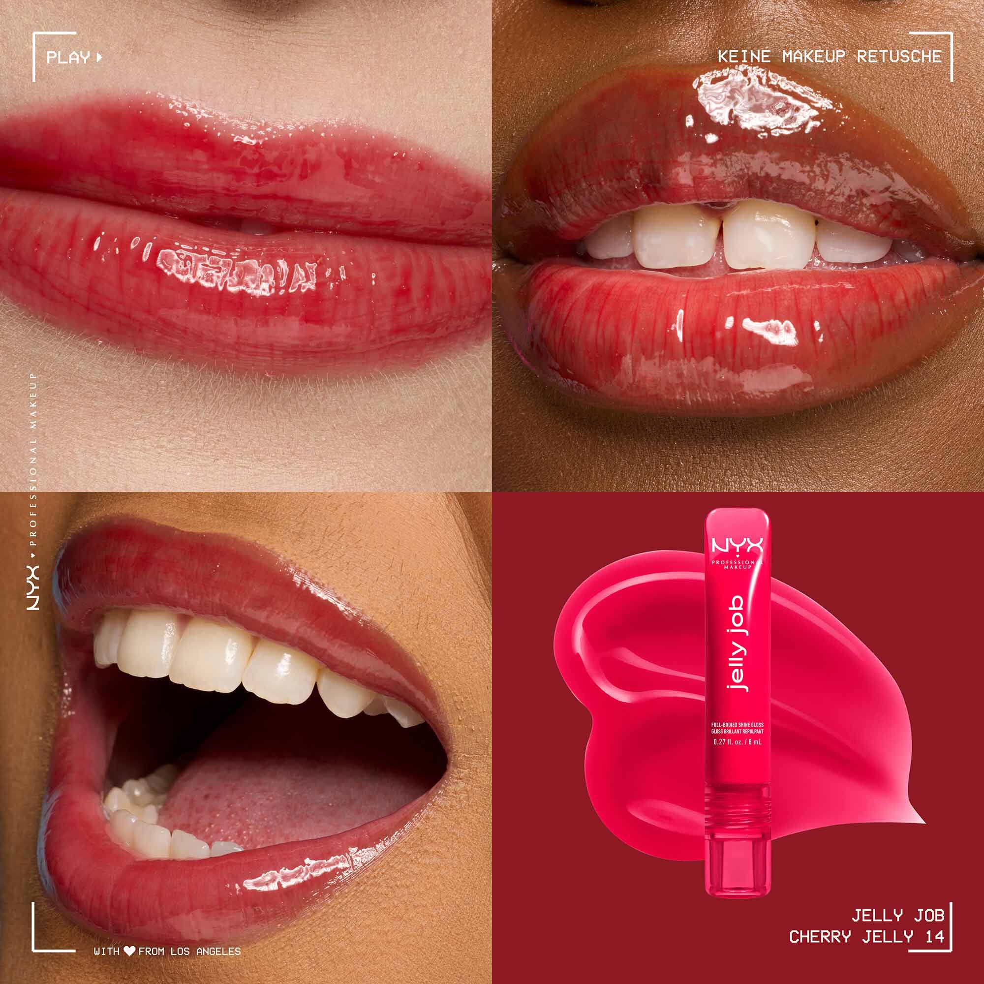Ein Collage-Bild, das vier verschiedene Ansichten des NYX Professional Makeup "Jelly Job" Lipgloss zeigt.