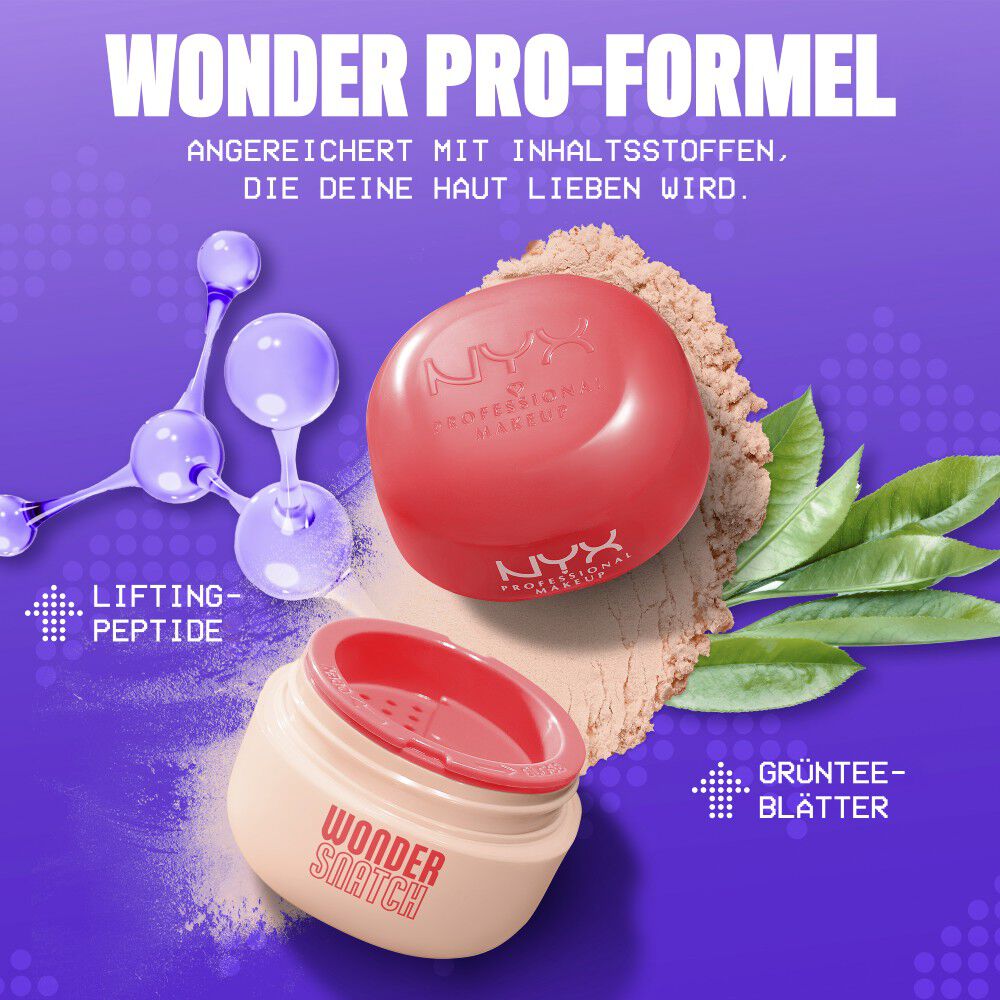Offenes Wonder Snatch Lifting Setting Powder neben Inhaltsstoffen der Wonder Pro-Formel mit straffenden Peptiden und grunem Tee