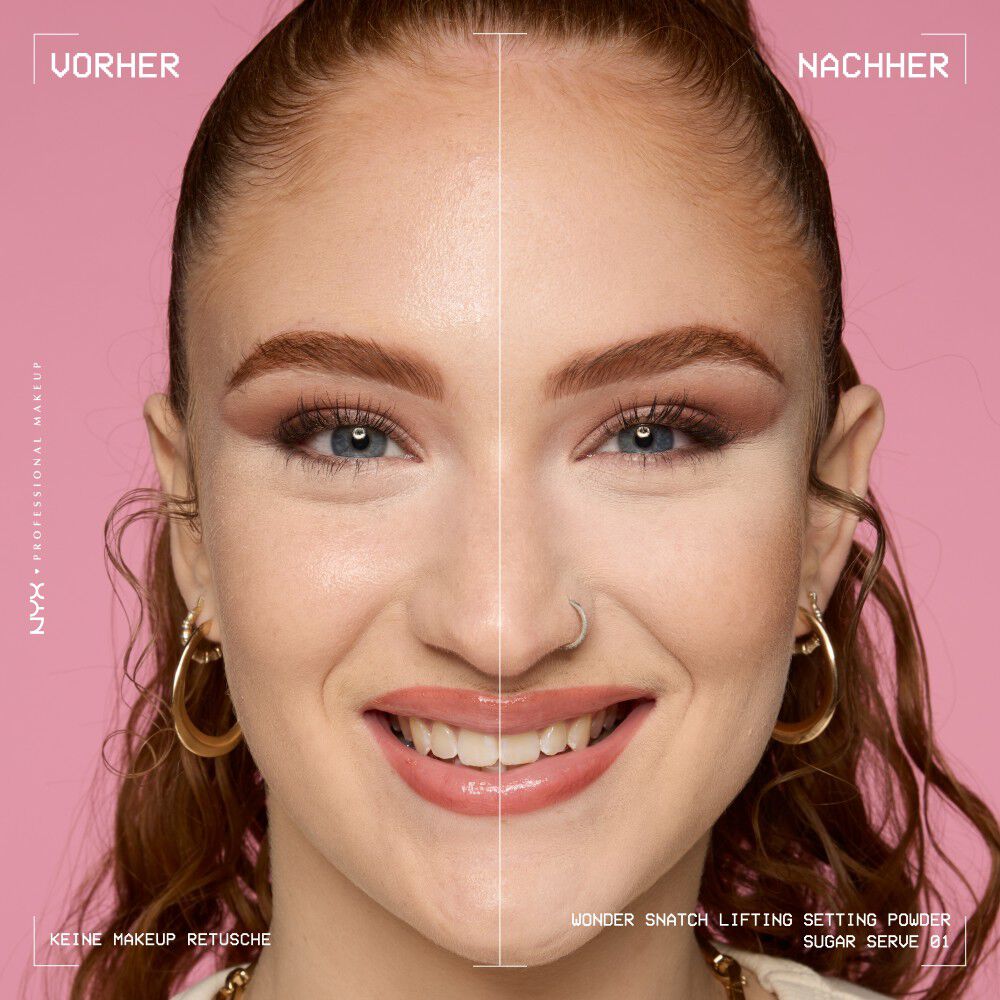 Vorher-Nachher-Bild einer jungen Frau mit und ohne aufgetragenem Wonder Snatch Lifting Setting Powder von NYX Professional Makeup