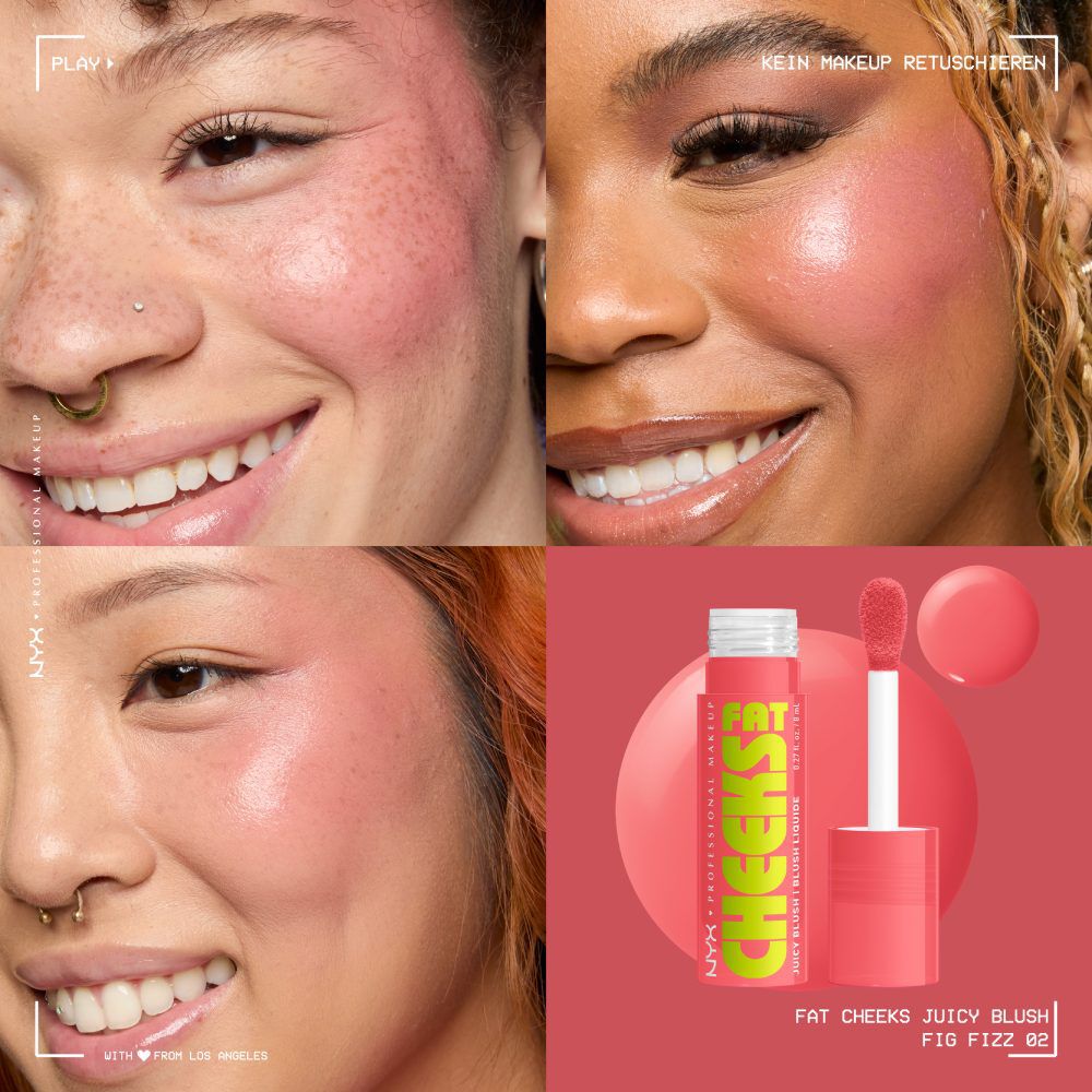 Nahaufnahme von Wangen mit unterschiedlichen Hauttonen und wie die Shades des Fat Cheeks Juicy Blushs bei unterschiedlichen Hauttonen wirken