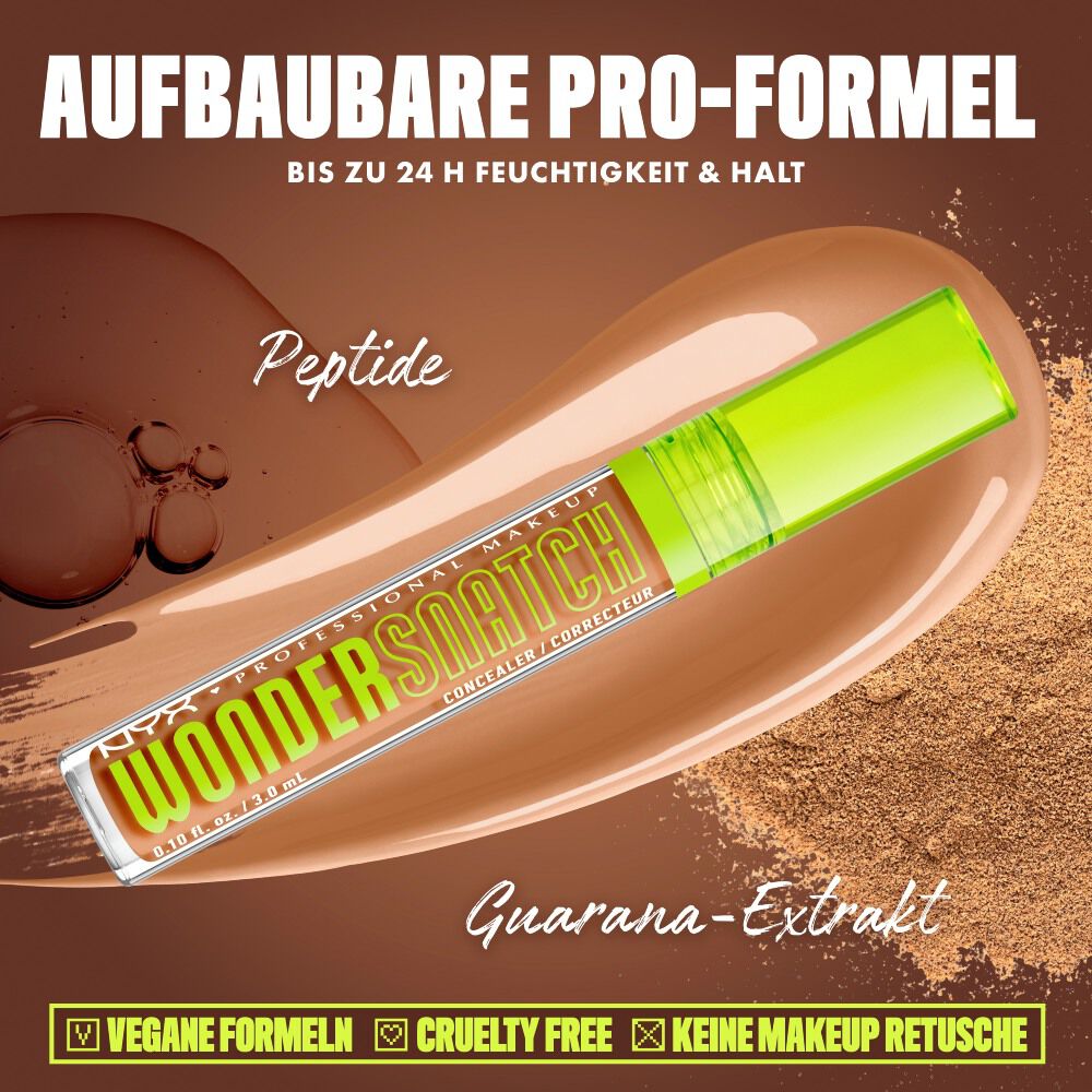 Produktgrafik des NYX Wonder Snatch™ Concealers, die die aufbaubare Formel mit Peptiden und Guarana-Extrakt fur bis zu 24 Stunden Feuchtigkeit und Halt prasentiert.