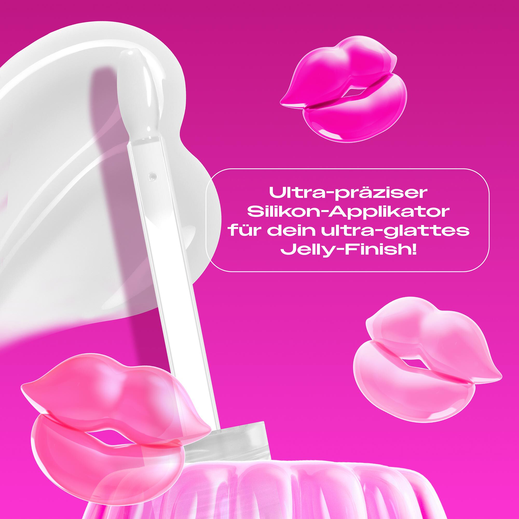 Das Bild zeigt eine Applikatorspitze aus Silikon, die in eine  viskose Textur taucht, die wie ein Swatch aufgetragen ist. Der Applikator ragt aus einer pinkfarbenen, gelatineartigen Masse oder Form heraus, die an Wackelpudding erinnert. Der gesamte Hintergrund ist ein leuchtendes Magenta.