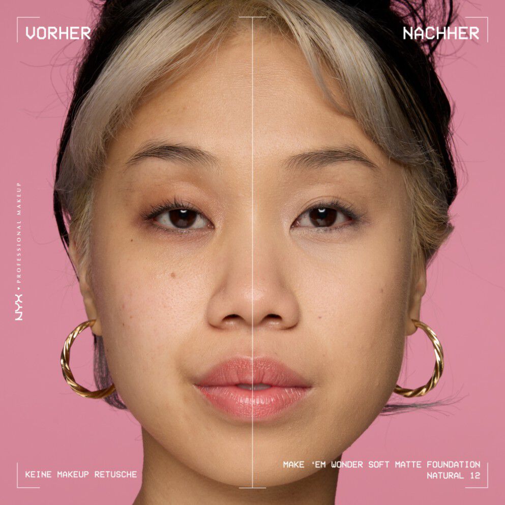 Vorher-Nachher-Bild vom Gesicht einer lachelnden Person mit und ohne Make 'Em Wonder Foundation