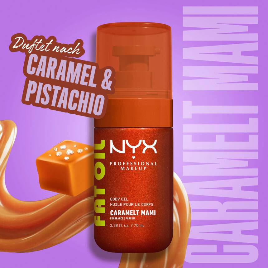 Das Fat Oil Body Oil „Caramelt Mami“ wird mit dem Hinweis auf den Duft nach Karamell & Pistazie inszeniert.