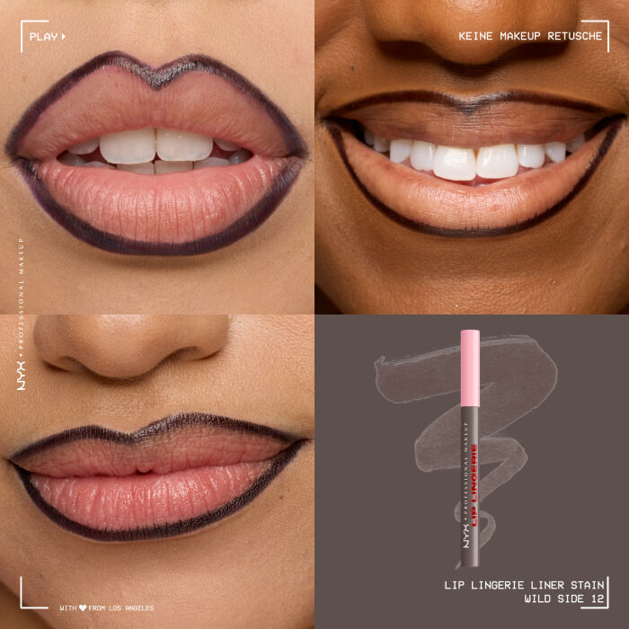Das Bild ist eine vierteilige Collage, die Lippen-Make-up auf verschiedenen Hauttonen zeigt und ein Produkt prasentiert.