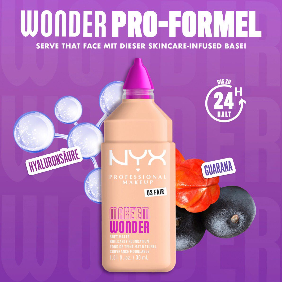 Make 'Em Wonder Foundation neben ihren Inhaltsstoffen Hyaluronsaure und Guarana-Extrakt