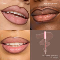 Vierteilige Collage mit 3 Anwendungen des Lip Lingerie Lip Liner Stains auf verschiedenen Hauttonen und dem Lipliner