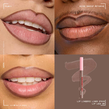 Vierteilige Collage mit 3 Anwendungen des Lip Lingerie Lip Liner Stains auf verschiedenen Hauttonen und dem Lipliner