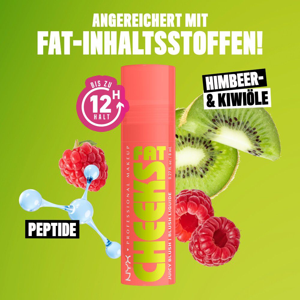 Fat Cheeks Juicy Blush von NYX Professional Makeup mit Auflistung der besonderen Inhaltsstoffe: Kiwi- und Himbeerole sowie Peptide