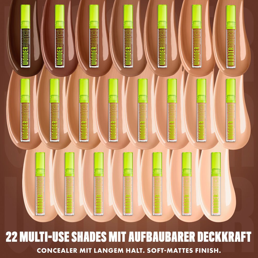 Ubersicht der 22 verschiedenen, langanhaltenden Shades des NYX Wonder Snatch™ Concealers mit soft-mattem Finish auf farblich passenden Creme-Swatches.