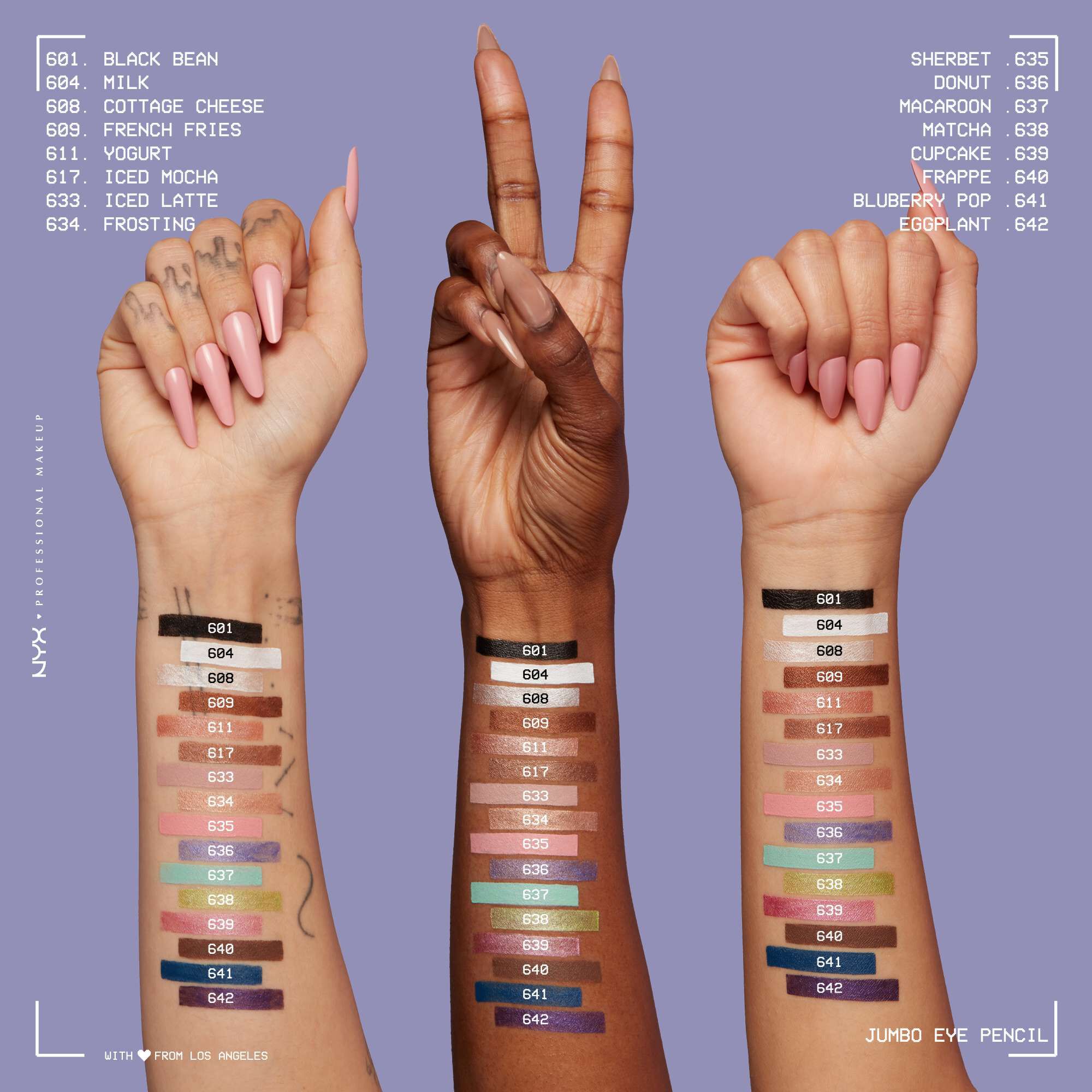 16 Farbtone des Jumbo Eye Pencil auf jeweils drei Armen mit unterschiedlichen Hautfarben