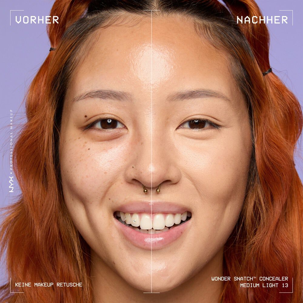 Ein unretuschierter Vorher-Nachher-Vergleich im Split-Screen demonstriert die hohe Deckkraft des NYX Wonder Snatch™ Concealers.