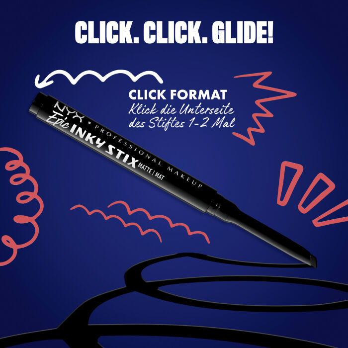 Das Bild zeigt einen Eyeliner-Stift von NYX Professional Makeup, diagonal auf einem dunkelblauen Hintergrund platziert. Oben steht in großen weißen Buchstaben "CLICK. CLICK. GLIDE!".