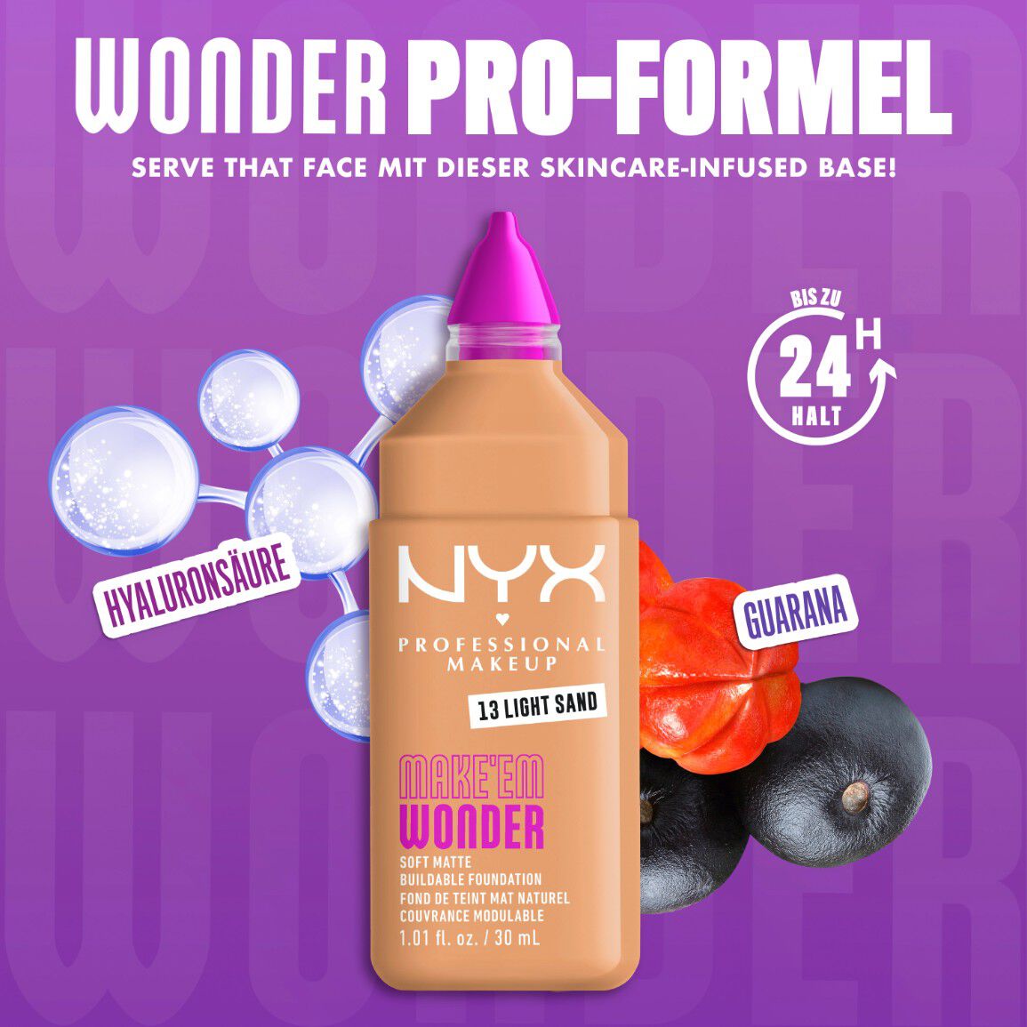 Make 'Em Wonder Foundation neben ihren Inhaltsstoffen Hyaluronsaure und Guarana-Extrakt