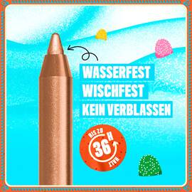 Zeigt eine Nahaufnahme einer goldenen Eyeliner-Stiftspitze vor einem hellblauen, festlichen Hintergrund. Der Text hebt die Vorteile hervor: „WASSERFEST, WISCHFEST, FARBFEST“ und betont mit einem Timer-Symbol die „36-STUNDEN-HALTBARKEIT“.