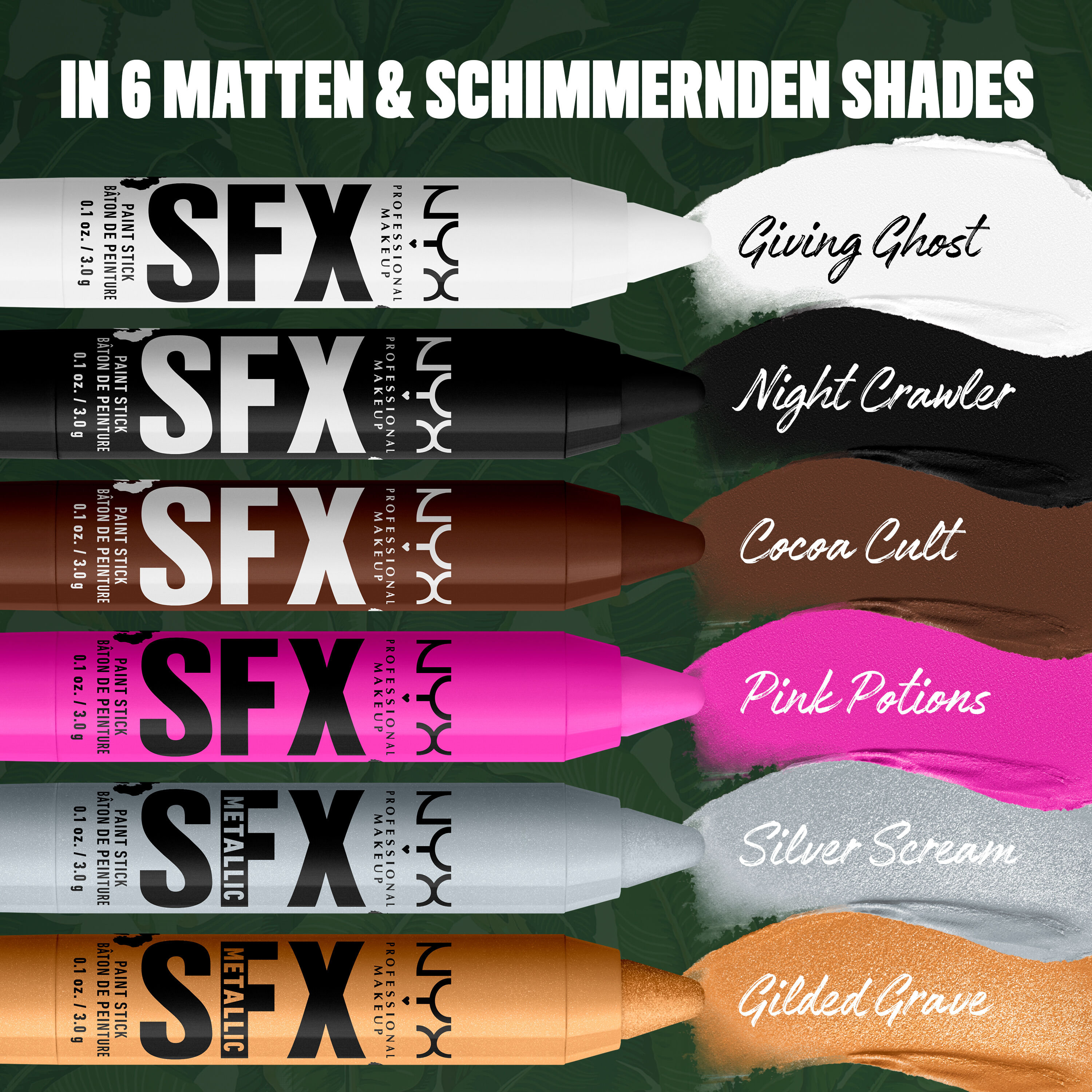 NYX Professional Makeup Party Animals SFX Face & Body Paint Sticks in sechs Nuancen: Weiß, Schwarz, Braun, Pink, Metallic-Silber und Metallic-Gold.