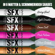 NYX Professional Makeup Party Animals SFX Face & Body Paint Sticks in sechs Nuancen: Weiß, Schwarz, Braun, Pink, Metallic-Silber und Metallic-Gold.