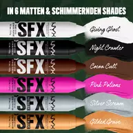 NYX Professional Makeup Party Animals SFX Face & Body Paint Sticks in sechs Nuancen: Weiß, Schwarz, Braun, Pink, Metallic-Silber und Metallic-Gold.