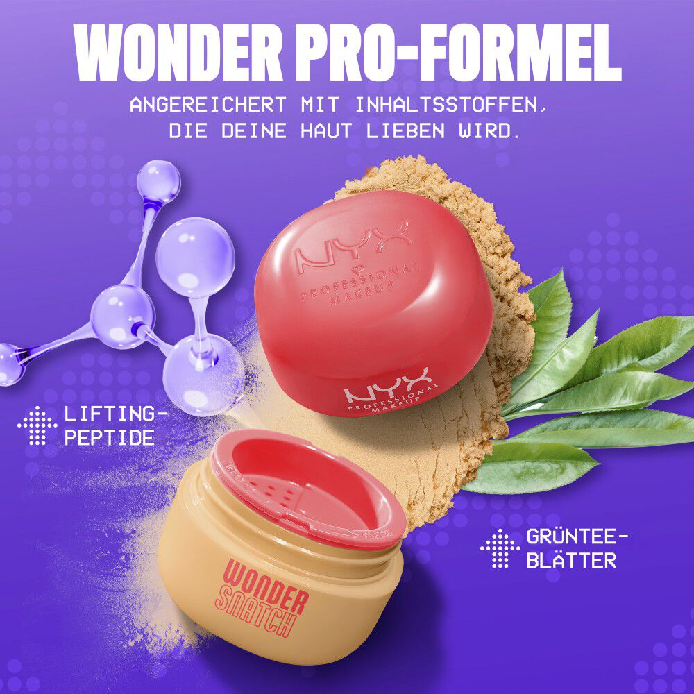 Offenes Wonder Snatch Lifting Setting Powder neben Inhaltsstoffen der Wonder Pro-Formel mit straffenden Peptiden und grunem Tee