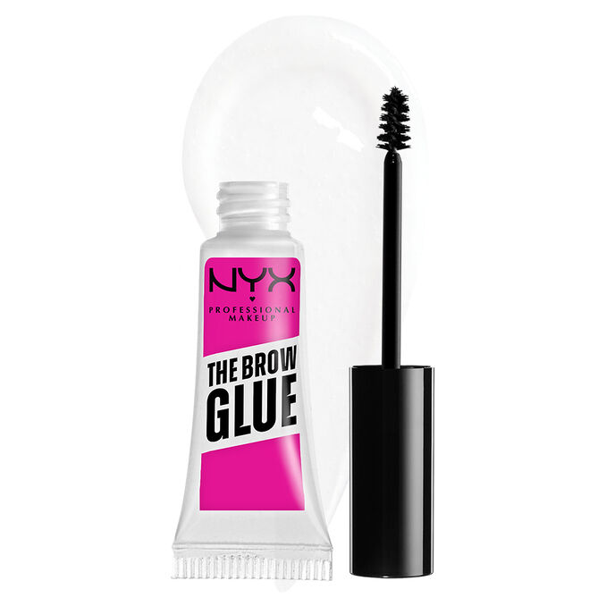 The Brow Glue von NYX Professional Makeup mit gestrichenem Klecks des Produkts im Hintergrund