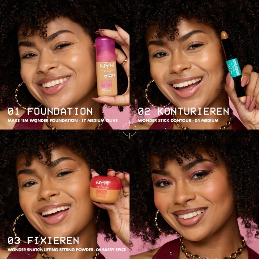 Make-up-Anleitung mit 3 Bildern und den Schritten Foundation, Konturieren und Fixieren sowie ein Bild mit dem Ergebnis des fertigen Looks