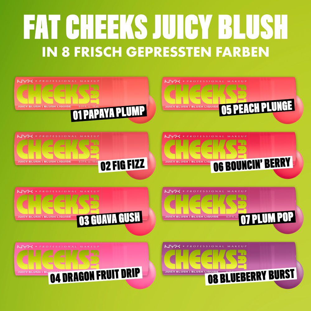 Prasentation des Fat Cheeks Juicy Blushs in 8 verschiedenen Farben