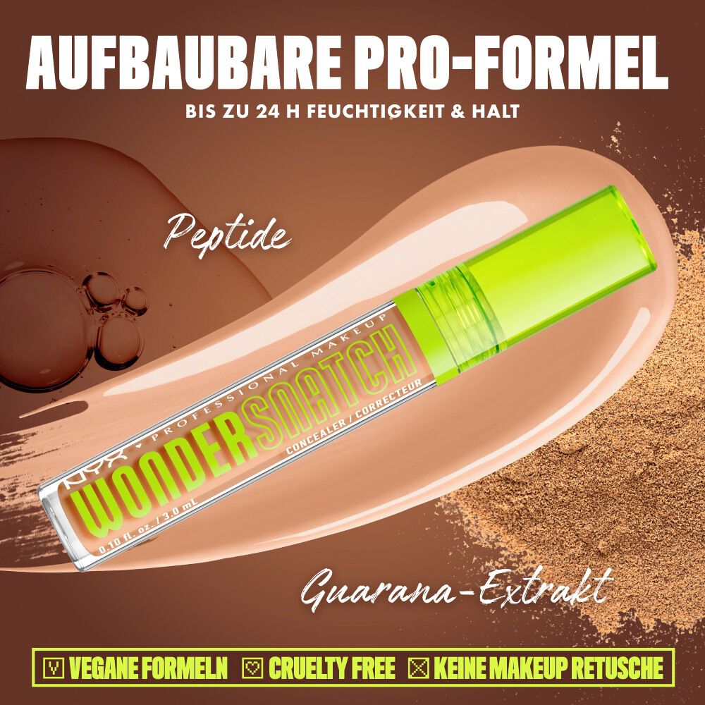 Produktgrafik des NYX Wonder Snatch™ Concealers, die die aufbaubare Formel mit Peptiden und Guarana-Extrakt fur bis zu 24 Stunden Feuchtigkeit und Halt prasentiert.