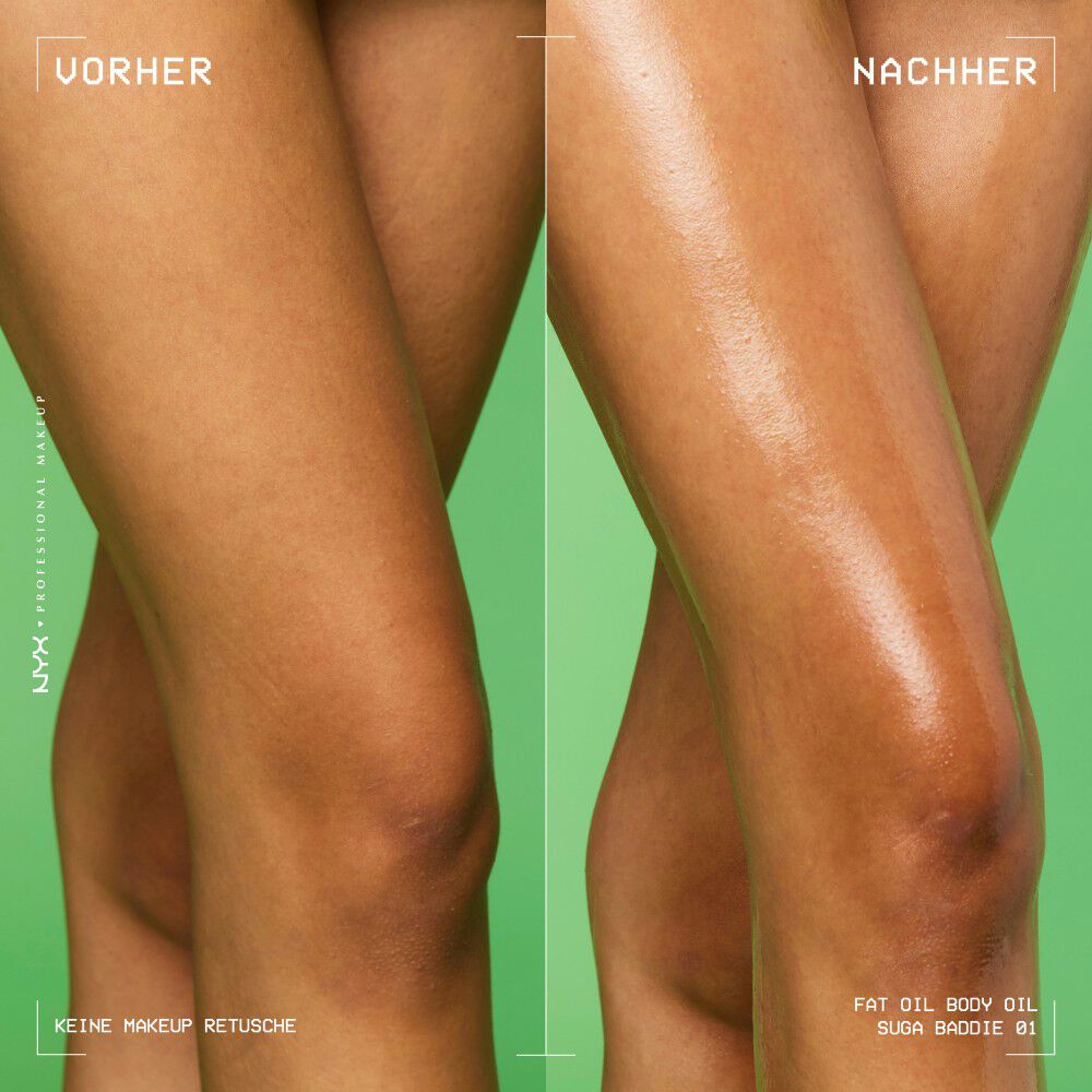 Ein Vorher-Nachher-Vergleich an den Beinen verdeutlicht den sichtbaren Unterschied zwischen naturlicher und glanzend gepflegter Haut.