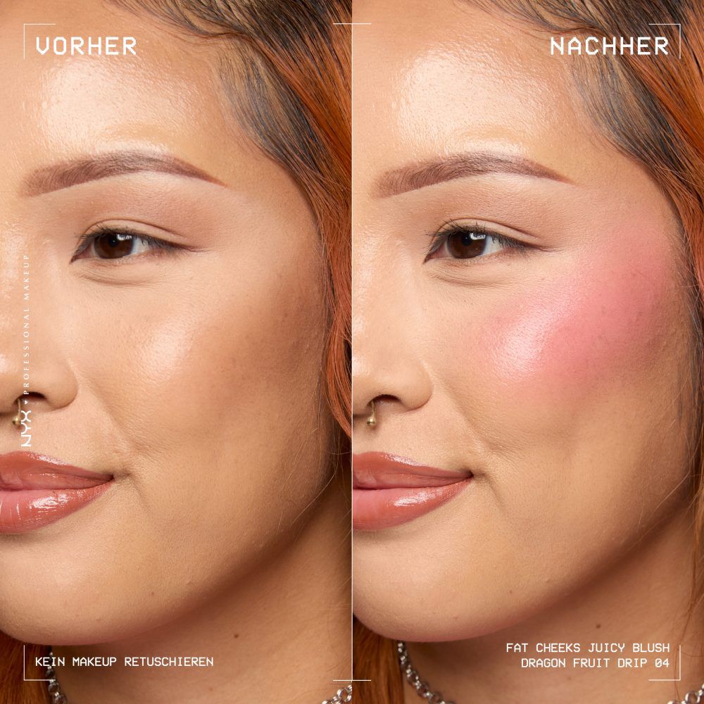 Anwendung des Fat Cheeks Juicy Blush von NYX Professional Makeup: Vorher-Nachher-Vergleich von ungeschminkten und geschminkten Wangen 