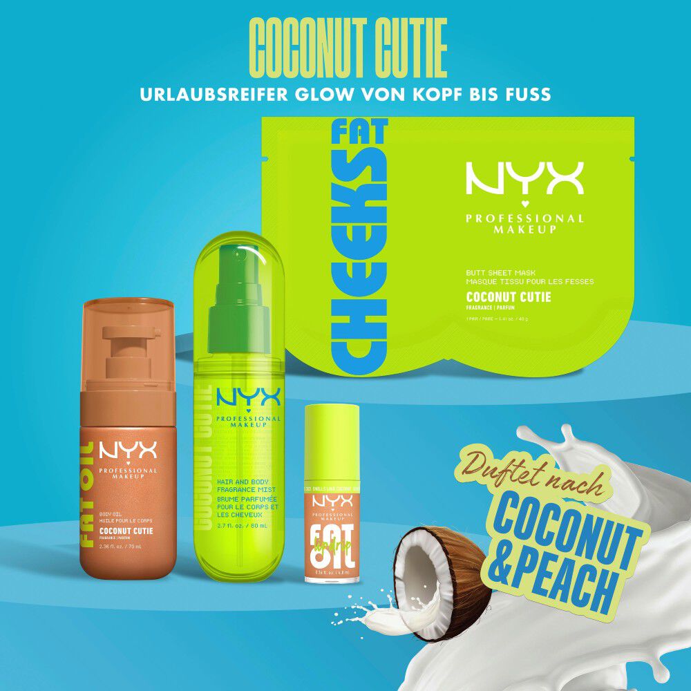 Eine grafische Zusammenfassung der Coconut Cutie Serie inklusive Po-Maske, Ol und Mist mit dekorativen Kokosnuss-Elementen.