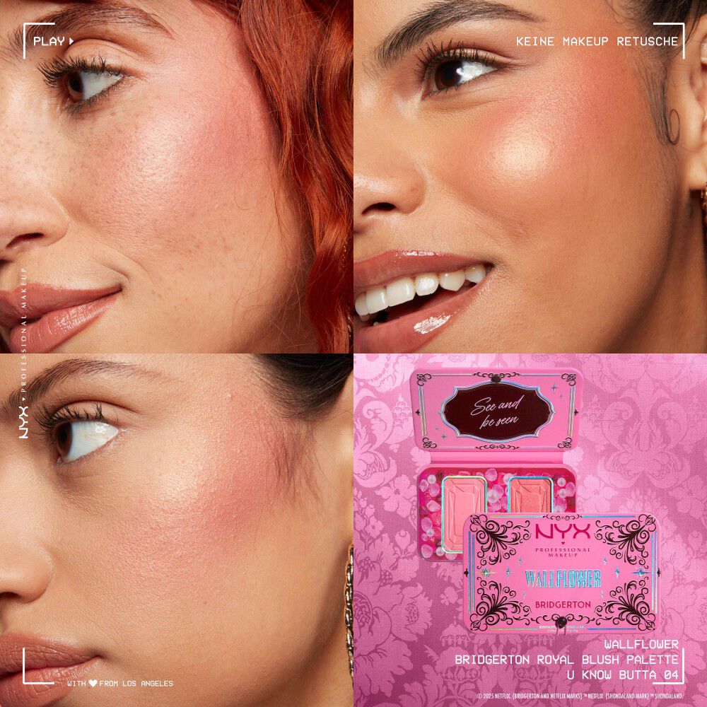 Grid aus vier Close-ups: Models mit unterschiedlichen Hauttonen tragen das NYX Professional Makeup Bridgerton Blush Duo und zeigen die Nuancen auf der Haut. Darunter die geoffnete Blush-Palette in der Shade 02 Lady In Silver.