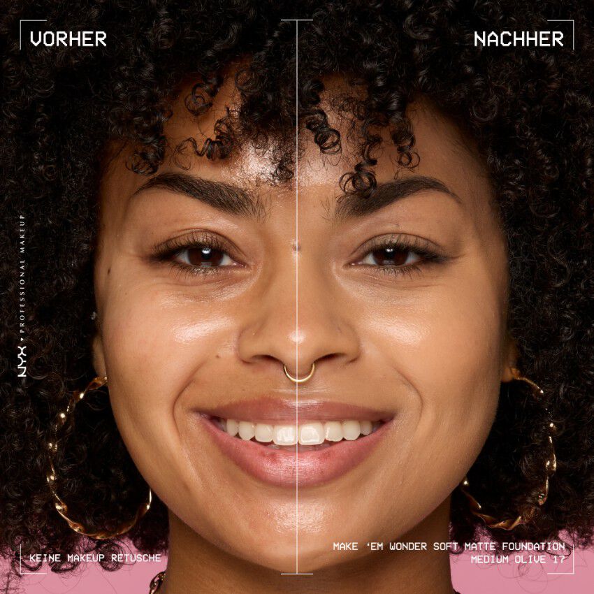 Vorher-Nachher-Bild vom Gesicht einer lachelnden Person mit und ohne Make 'Em Wonder Foundation