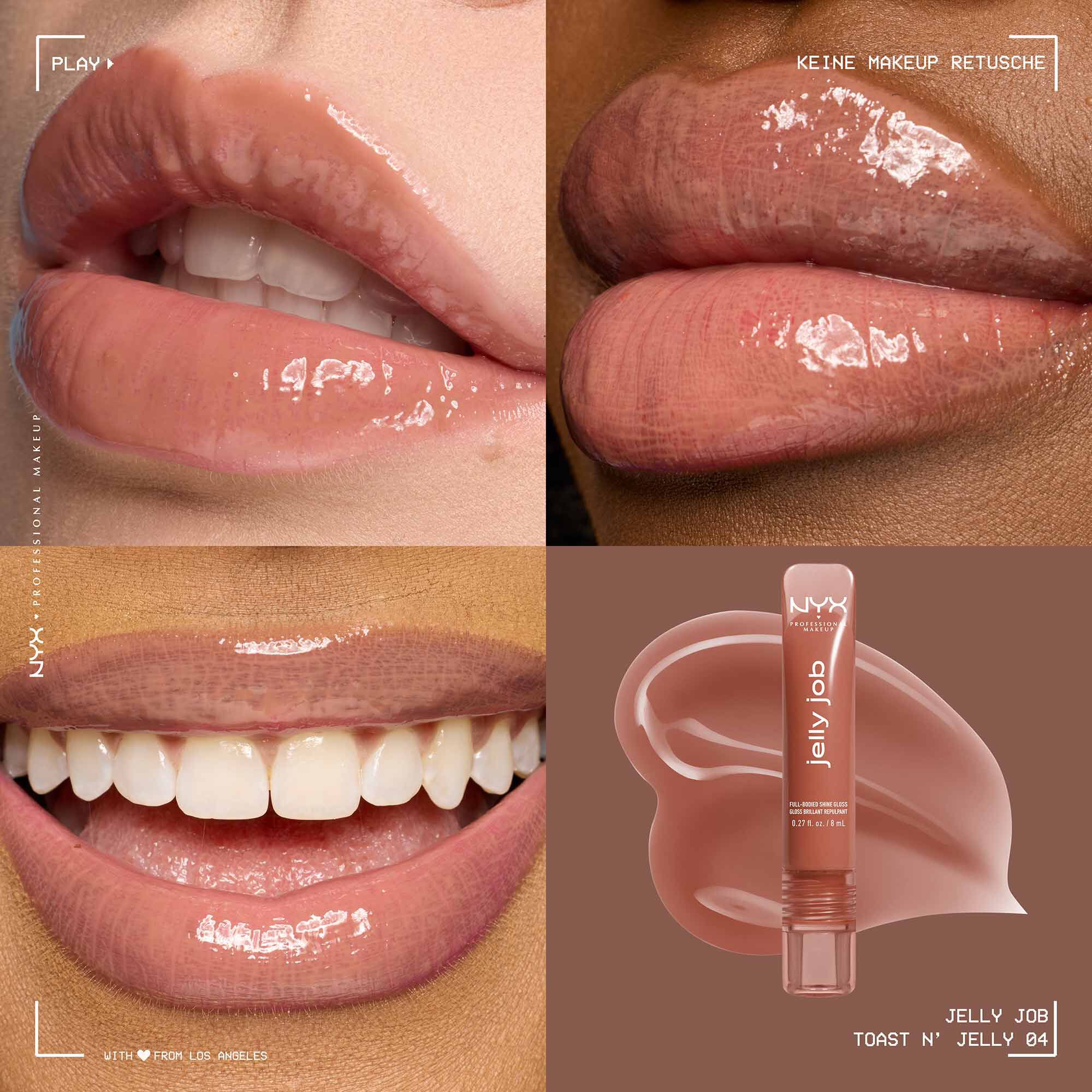 Ein Collage-Bild, das vier verschiedene Ansichten des NYX Professional Makeup "Jelly Job" Lipgloss zeigt.