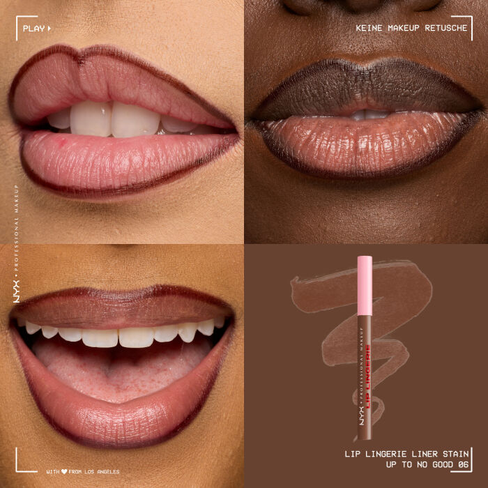 Vierteilige Collage mit 3 Anwendungen des Lip Lingerie Lip Liner Stains auf verschiedenen Hauttonen und dem Lipliner