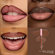 Vierteilige Collage mit 3 Anwendungen des Lip Lingerie Lip Liner Stains auf verschiedenen Hauttonen und dem Lipliner