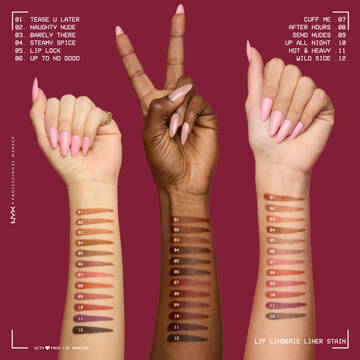 3 Unterarme in verschiedenen Hauttonen mit Teststreifen des Lip Lingerie Lip Liner Stains in allen Farbtonen