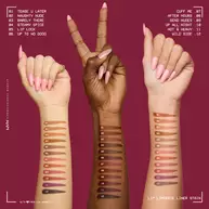 3 Unterarme in verschiedenen Hauttonen mit Teststreifen des Lip Lingerie Lip Liner Stains in allen Farbtonen