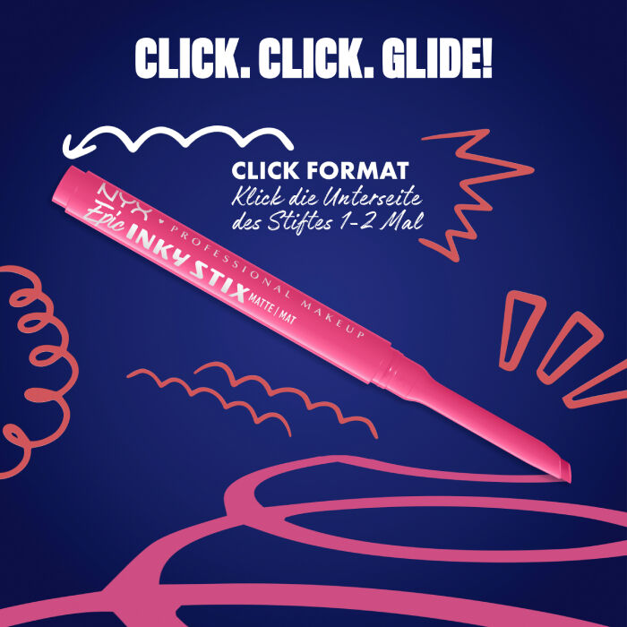 Das Bild zeigt einen Eyeliner-Stift von NYX Professional Makeup, diagonal auf einem dunkelblauen Hintergrund platziert. Oben steht in großen weißen Buchstaben "CLICK. CLICK. GLIDE!".