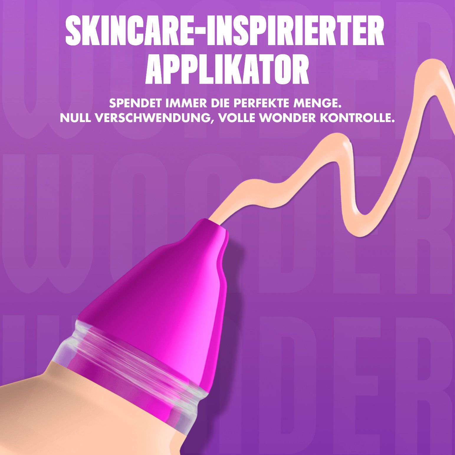 Nahaufnahme des Make 'Em Wonder Foundation-Applikators beworben mit einer prazisen Produkt-Dosis